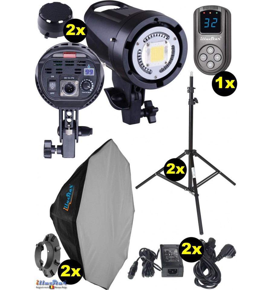 Kit éclairage studio LED, 2x LEDB-500 Lampe LED 50W pour studio, numérique,  2x trépied 195cm, 2x boîte à lumière ø80cm, WR-L99 -  - GSL SA